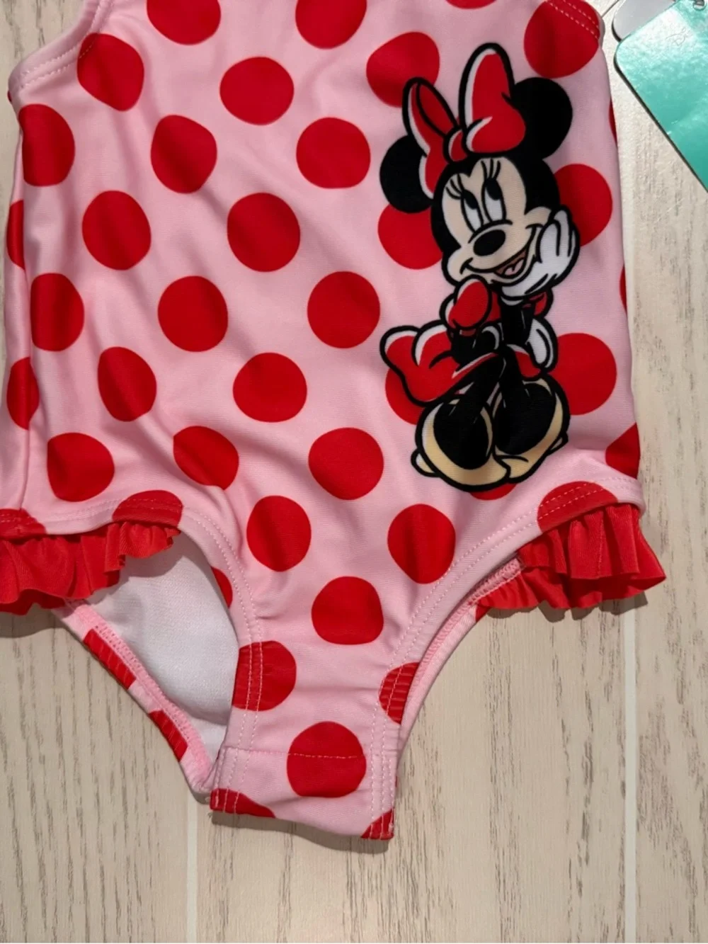 Disney Baby Minnie Mouse Swimsuit 9M Pink Red Polka Dot Ruffle One Piece NWT